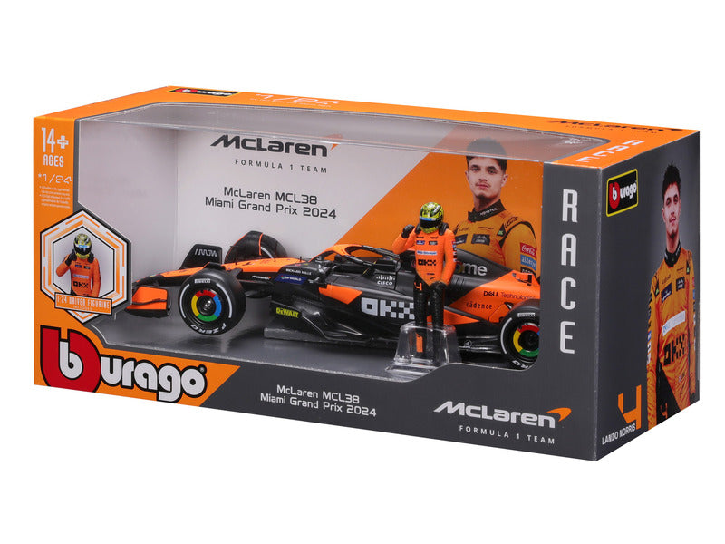 McLaren modelové auto, bburago, Lando Norris, 1:24, #4, MCL38, s pilotom