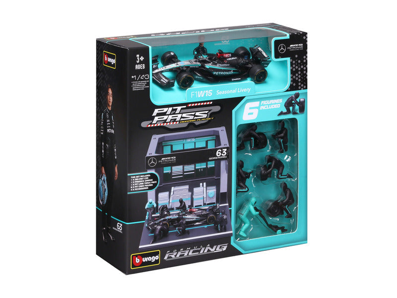 Modelový set Mercedes, vstupenka do boxov, Bburago, 1:43, George Russell, č. 63, W15 E