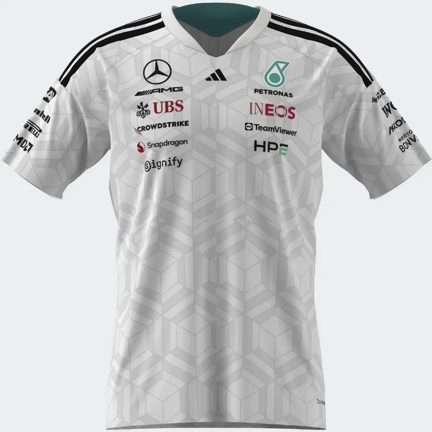 Mercedes póló, tím, adidas, pretekári, biele