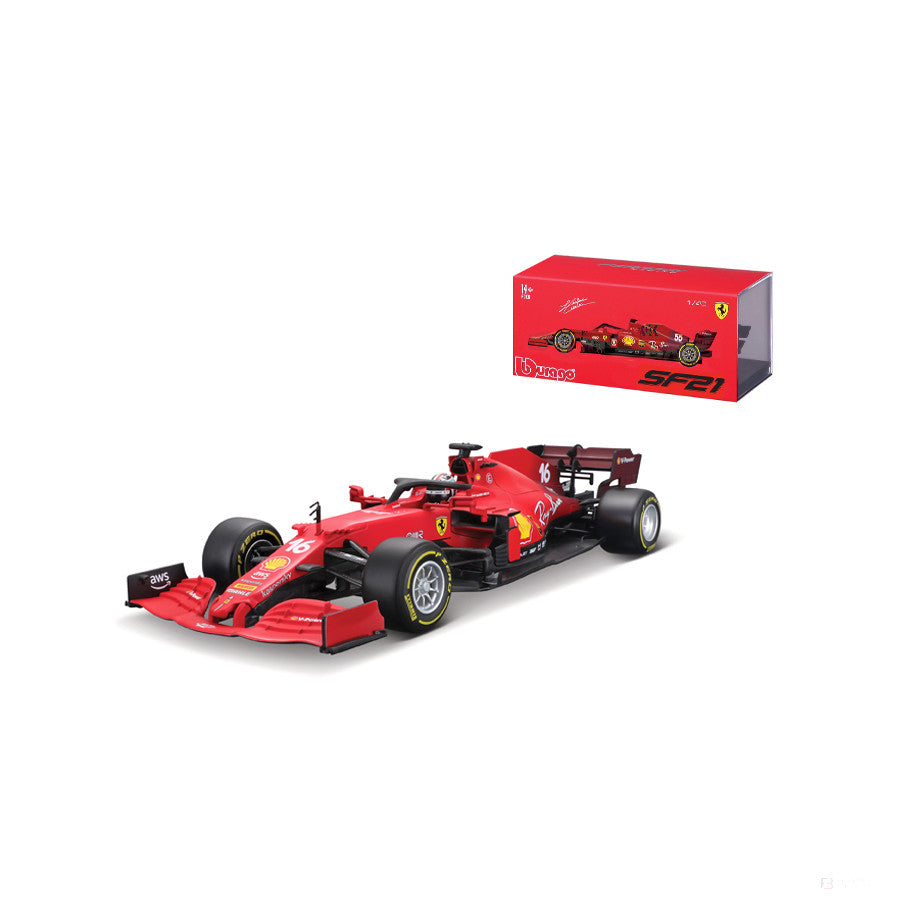 Model auta Ferrari, podpis Charlesa Leclerca SF21, mierka 1:43, červený, 2021