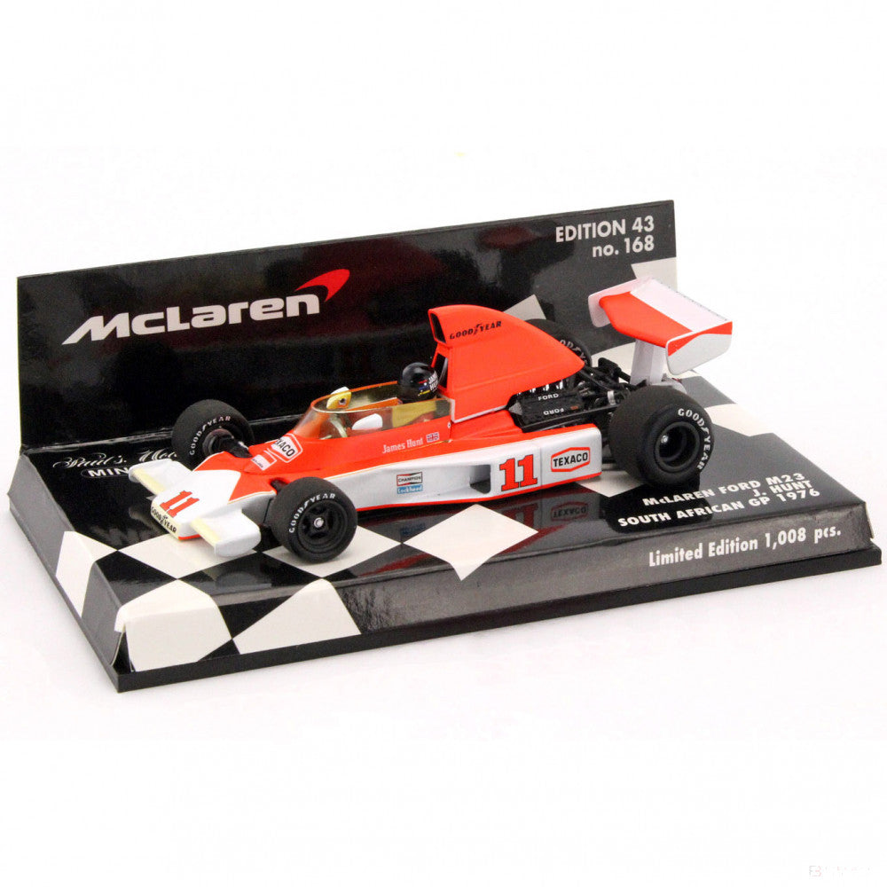 James Hunt Model Car, McLaren Ford M23 Juhoafrická GP 197, mierka 1:43, červená, 1976