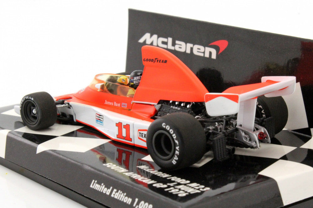 James Hunt Model Car, McLaren Ford M23 Juhoafrická GP 197, mierka 1:43, červená, 1976
