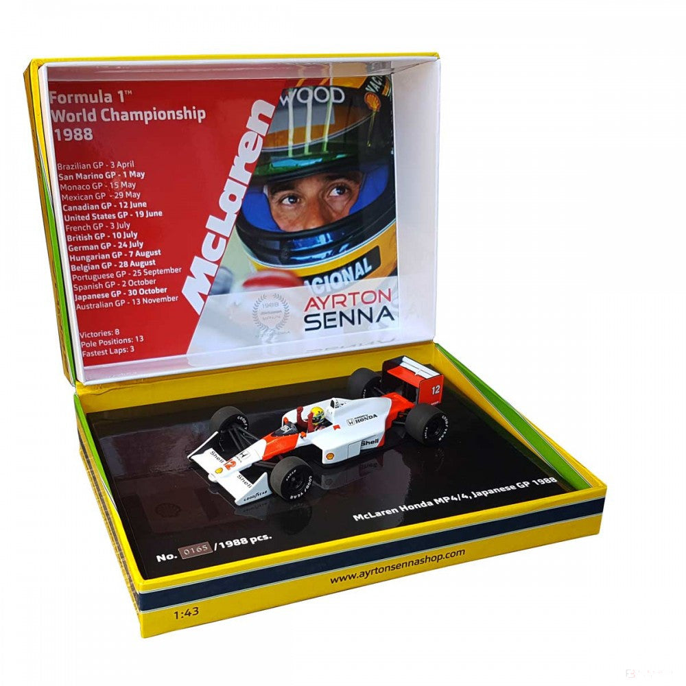 Ayrton Senna Model auta, McLaren Honda MP4/4 1988 Model Car, mierka 1:43, biela, 2020