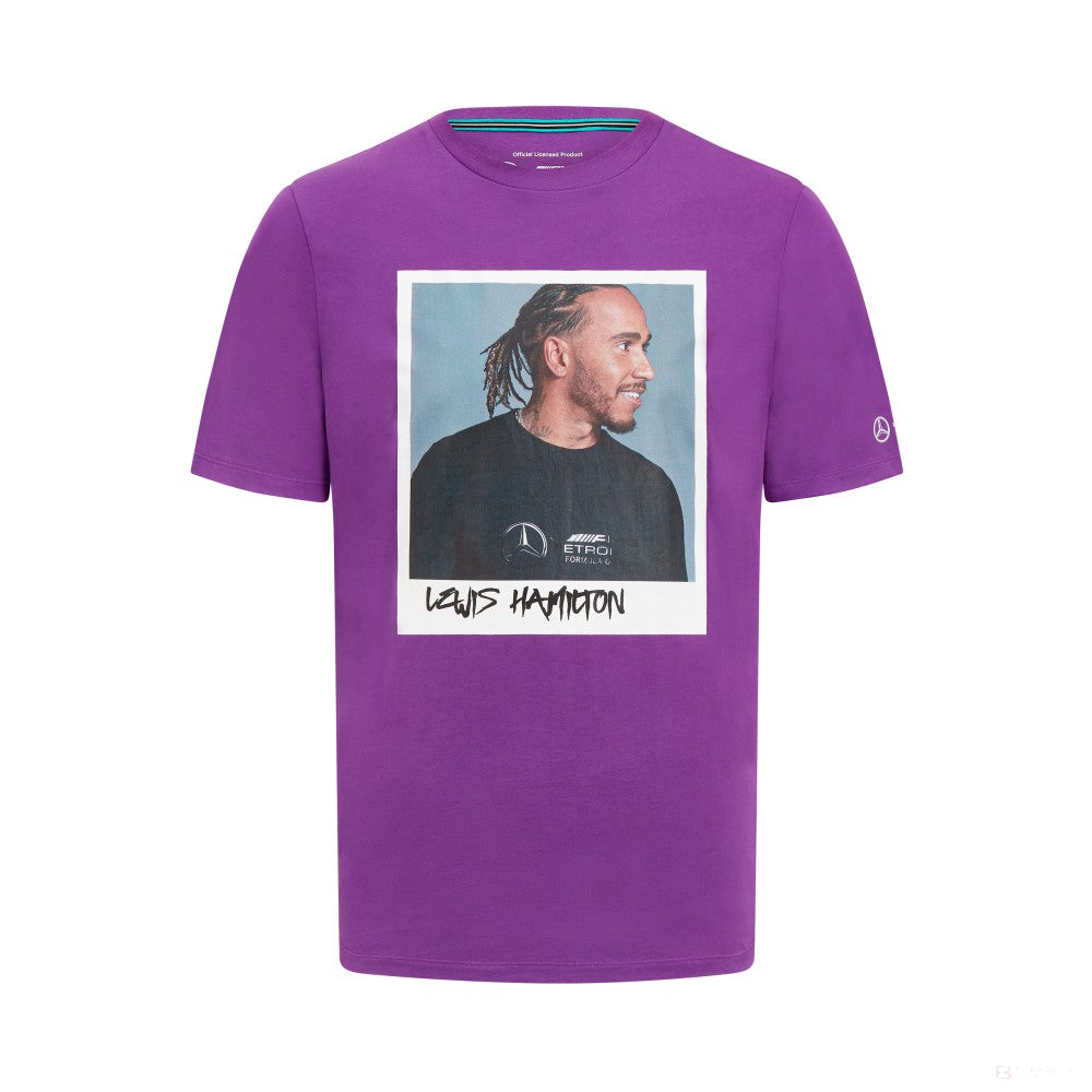 Mercedes t-shirt, Lewis Hamilton portrait, purple