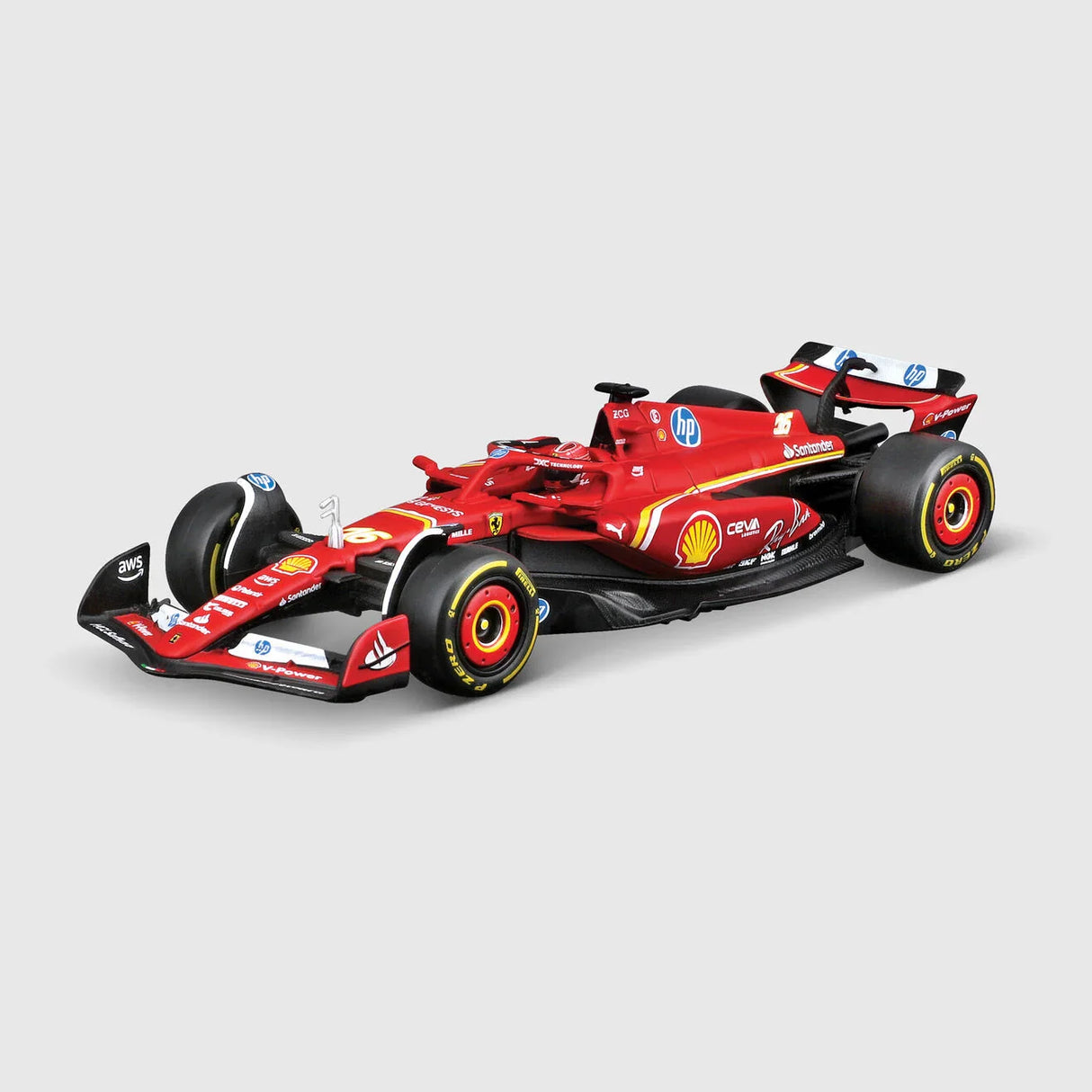 Model auta Ferrari, Charles Leclerc, SF-24, akrylová krabička, bburago, červená