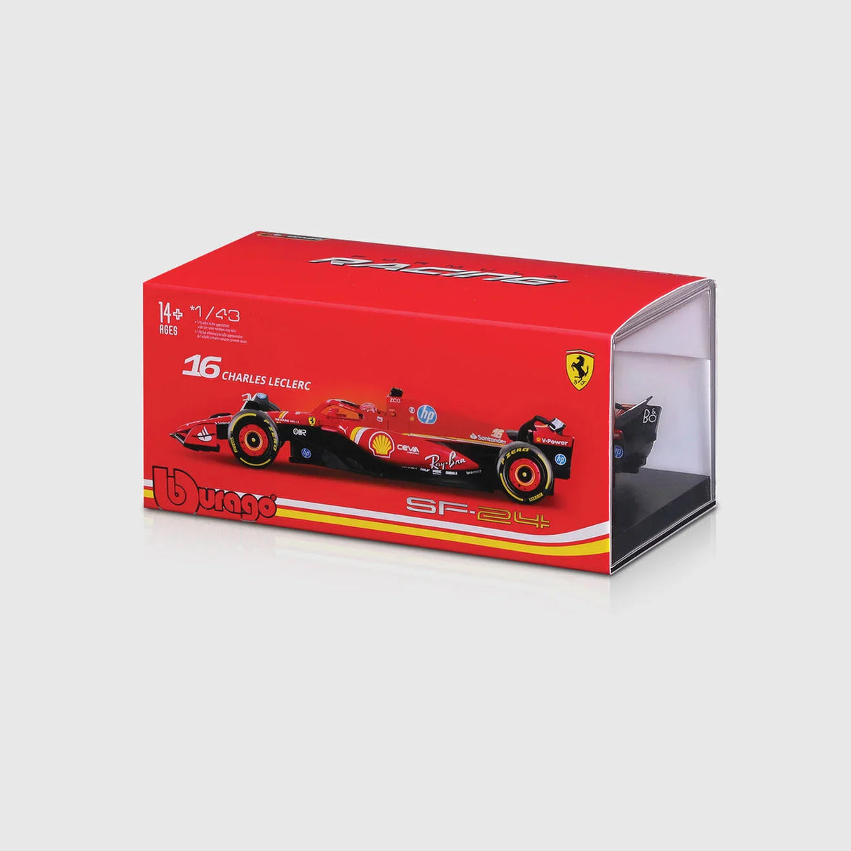 Model auta Ferrari, Charles Leclerc, SF-24, akrylová krabička, bburago, červená