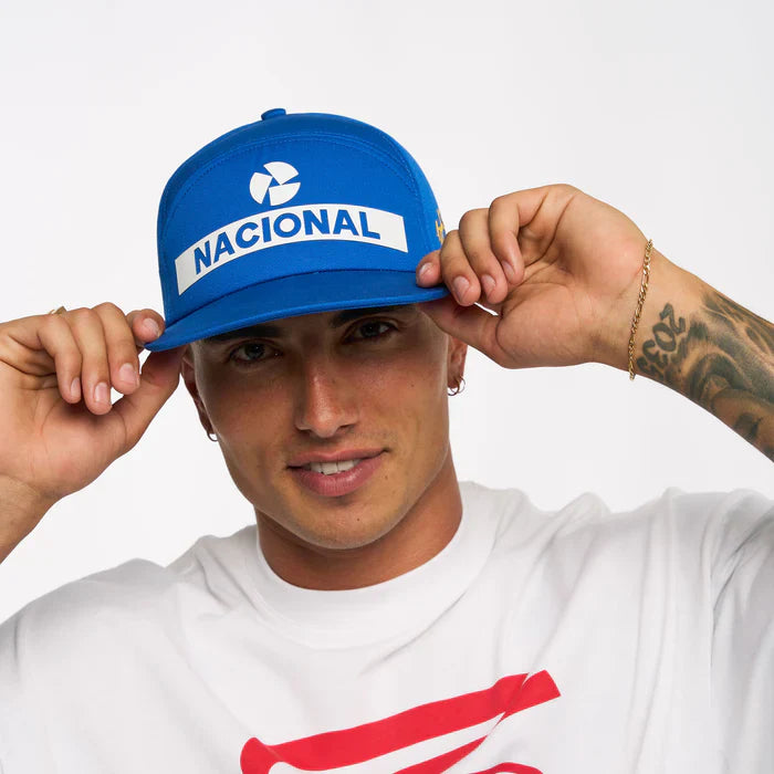 kšiltovka Ayrton Senna, Nacional, originál 1984, s textilným pevným puzdrom, modrá