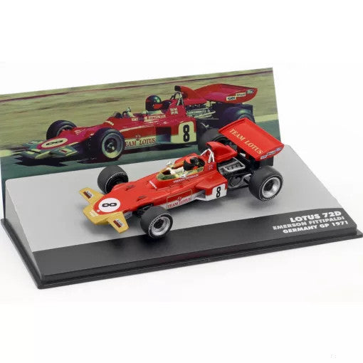 Model auta, Emerson Fittipaldi Lotus 72D #8 German GP 1971, mierka 1:43, červená, 2019