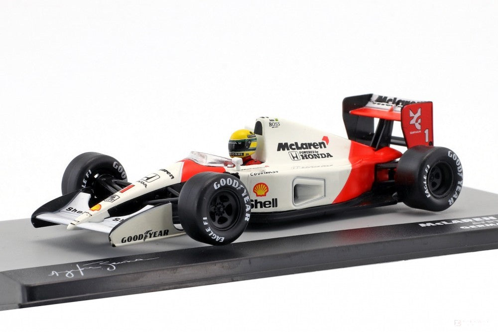 Model auta Ayrotn Senna, Majster sveta McLaren MP4/6 1991, mierka 1:43, biely, 2019