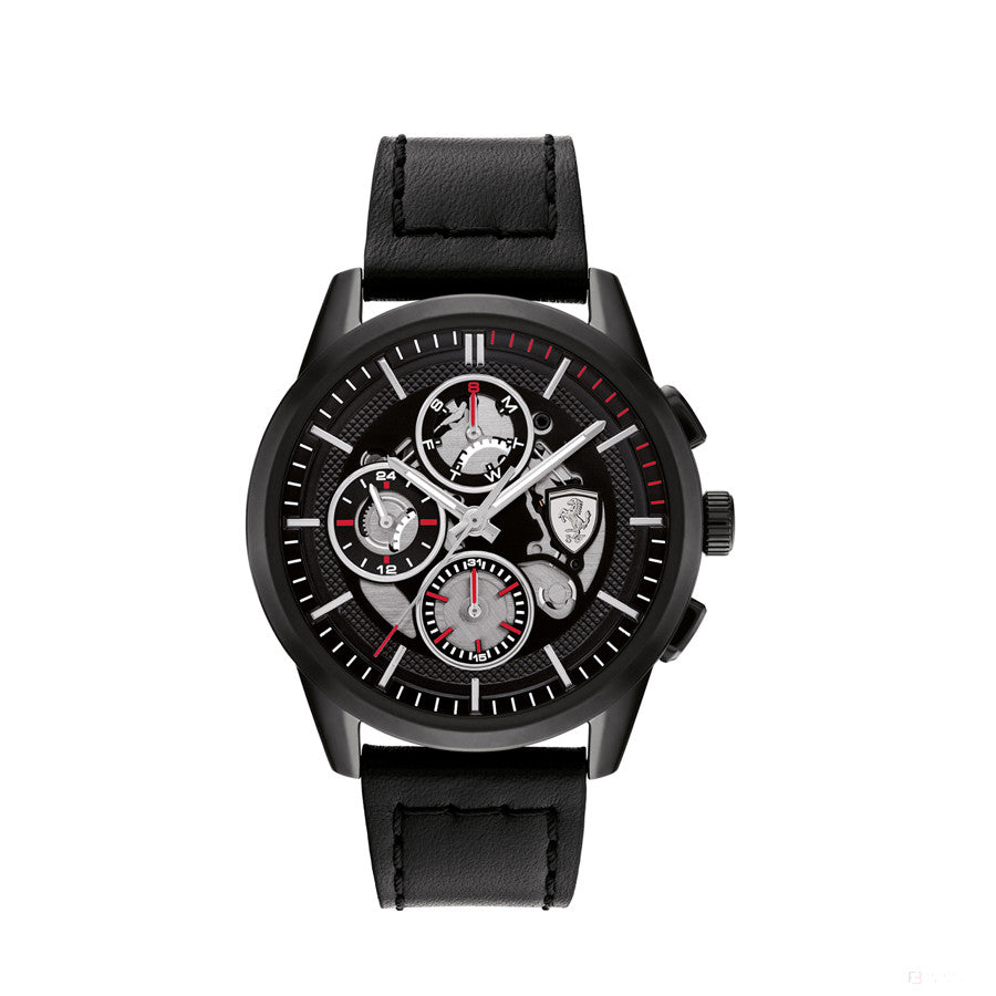 Scuderia Ferrari Watch Grand Tour, Black Leather Strap, 44Mm - FansBRANDS®