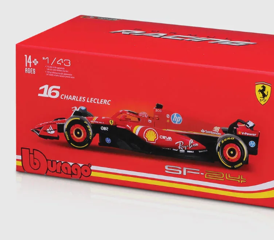 Model auta Ferrari, Charles Leclerc, SF-24, akrylová krabička, bburago, červená