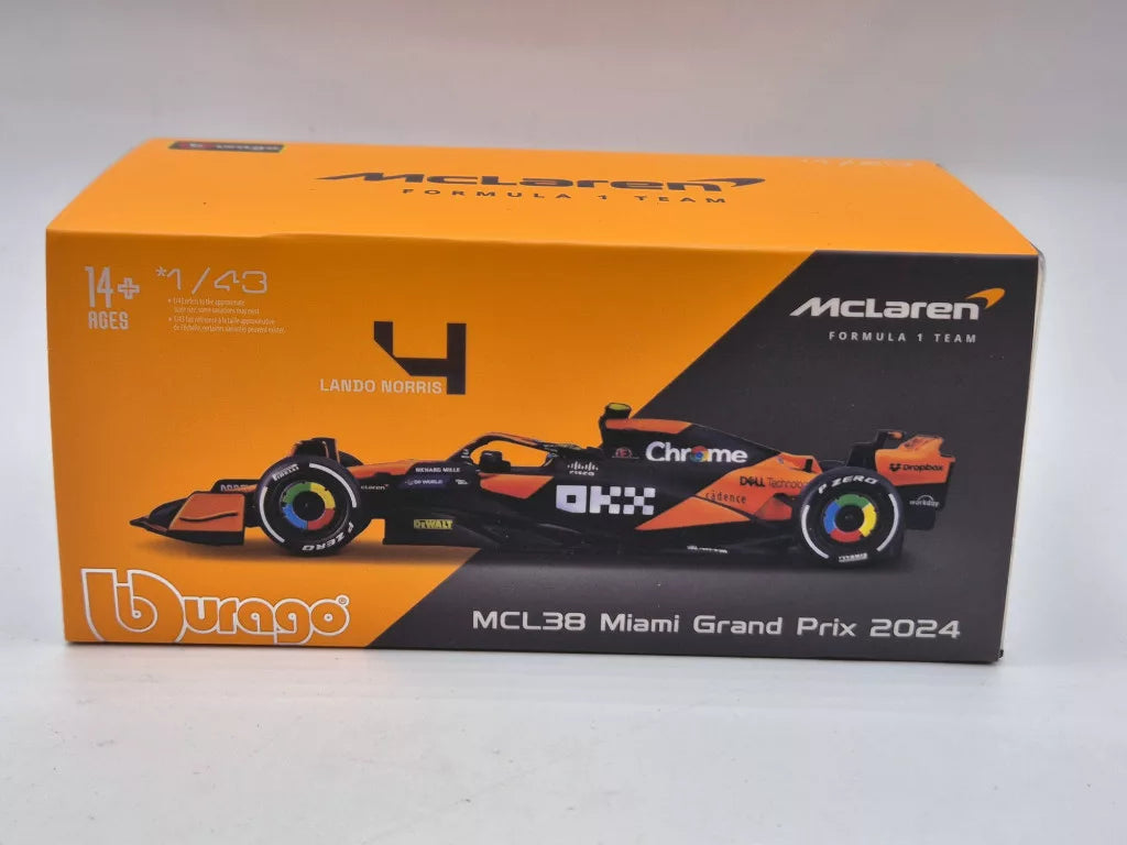 Model auta McLaren, Bburago, Lando Norris, Miami polep, akrylová krabička, MCL38 🔥