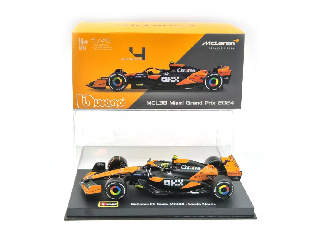 Model auta McLaren, Bburago, Lando Norris, Miami polep, akrylová krabička, MCL38 🔥